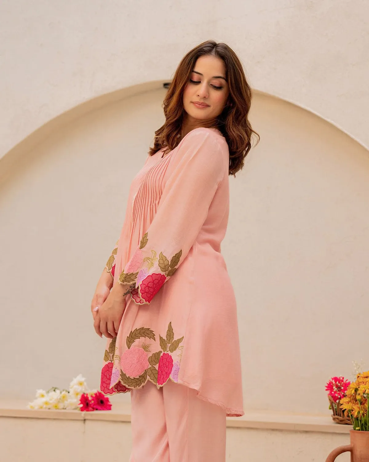 Peach Floral Co-ord Set Kurti