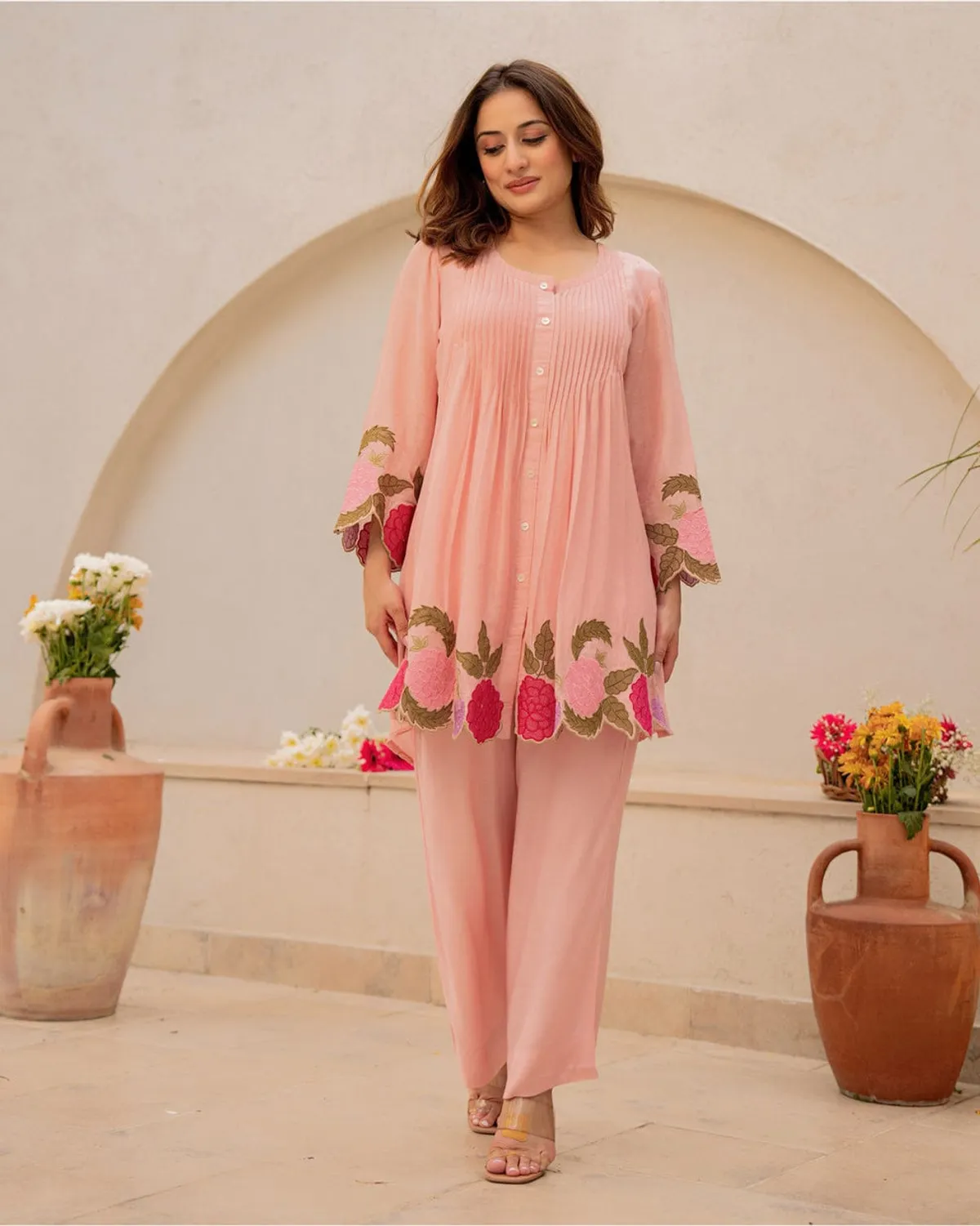 Peach Floral Co-ord Set Kurti