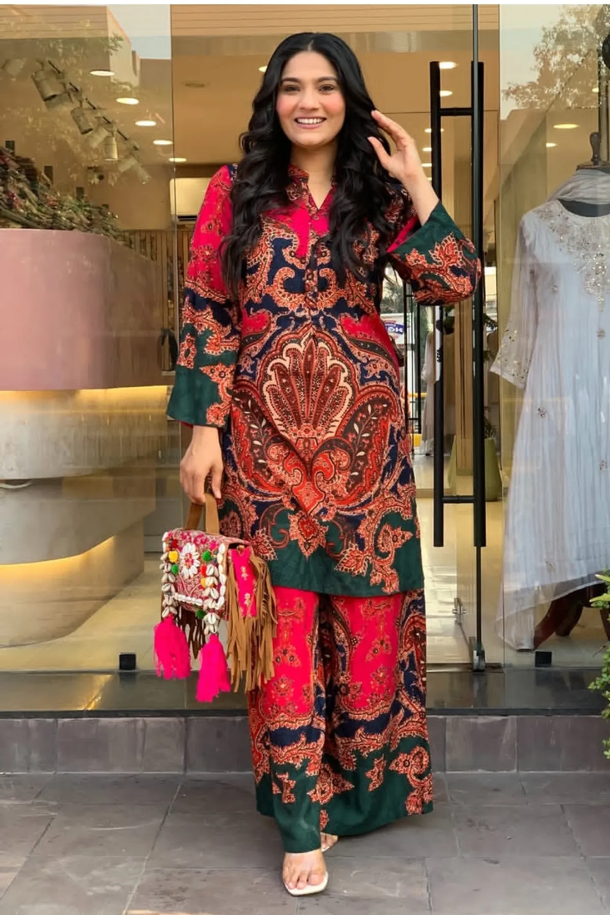 Coral Red Geometric Print Kurti