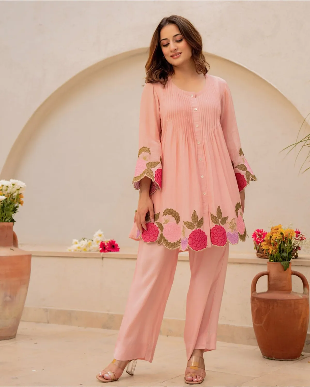 Peach Floral Co-ord Set Kurti