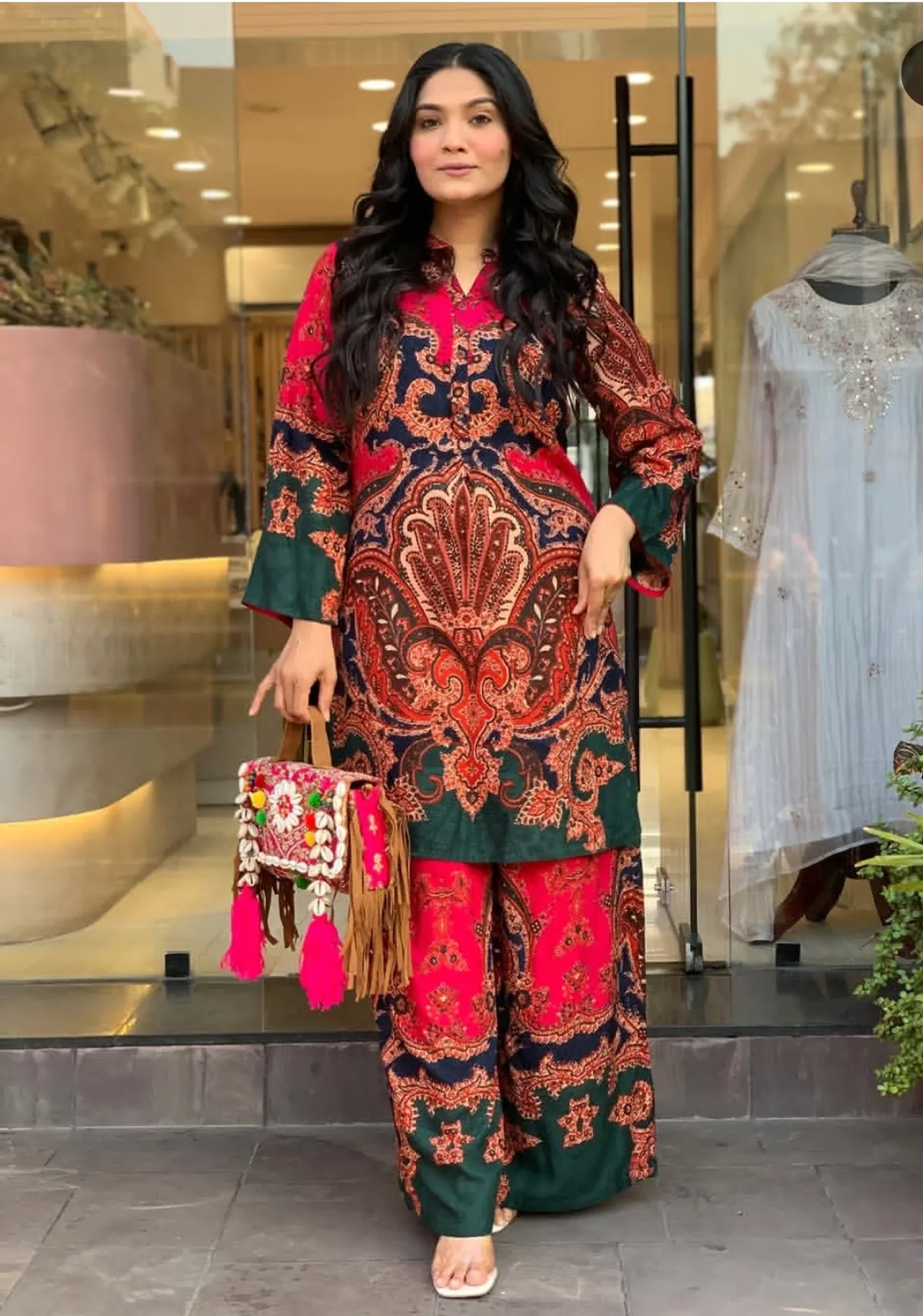 Coral Red Geometric Print Kurti