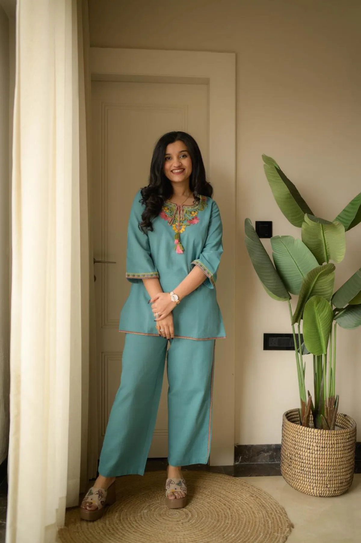 Sky Blue Cotton Kurti with Palazzo Co-ord
