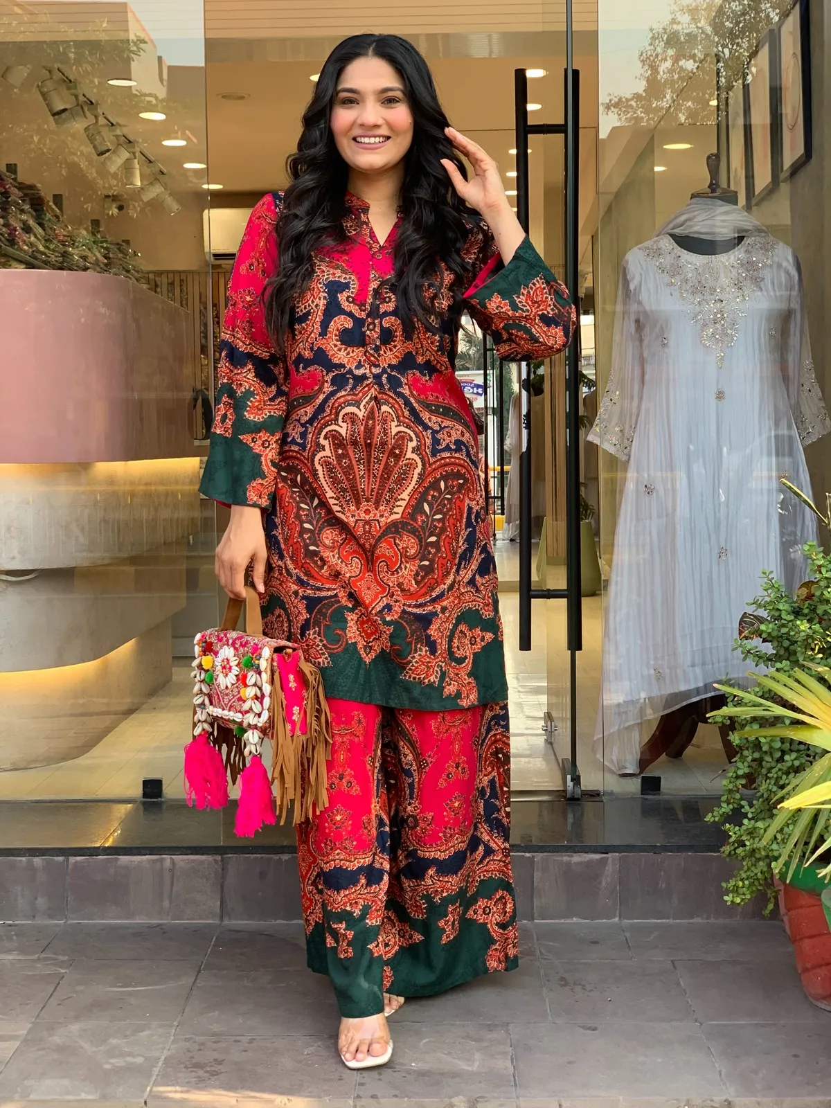 Coral Red Geometric Print Kurti