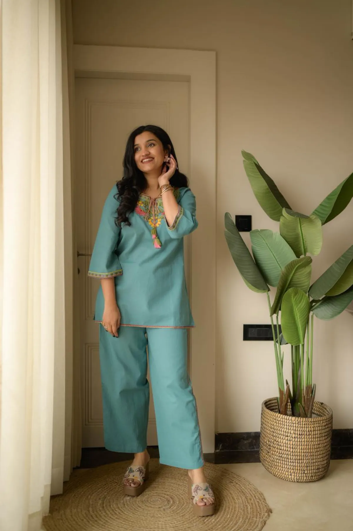 Sky Blue Cotton Kurti with Palazzo Co-ord