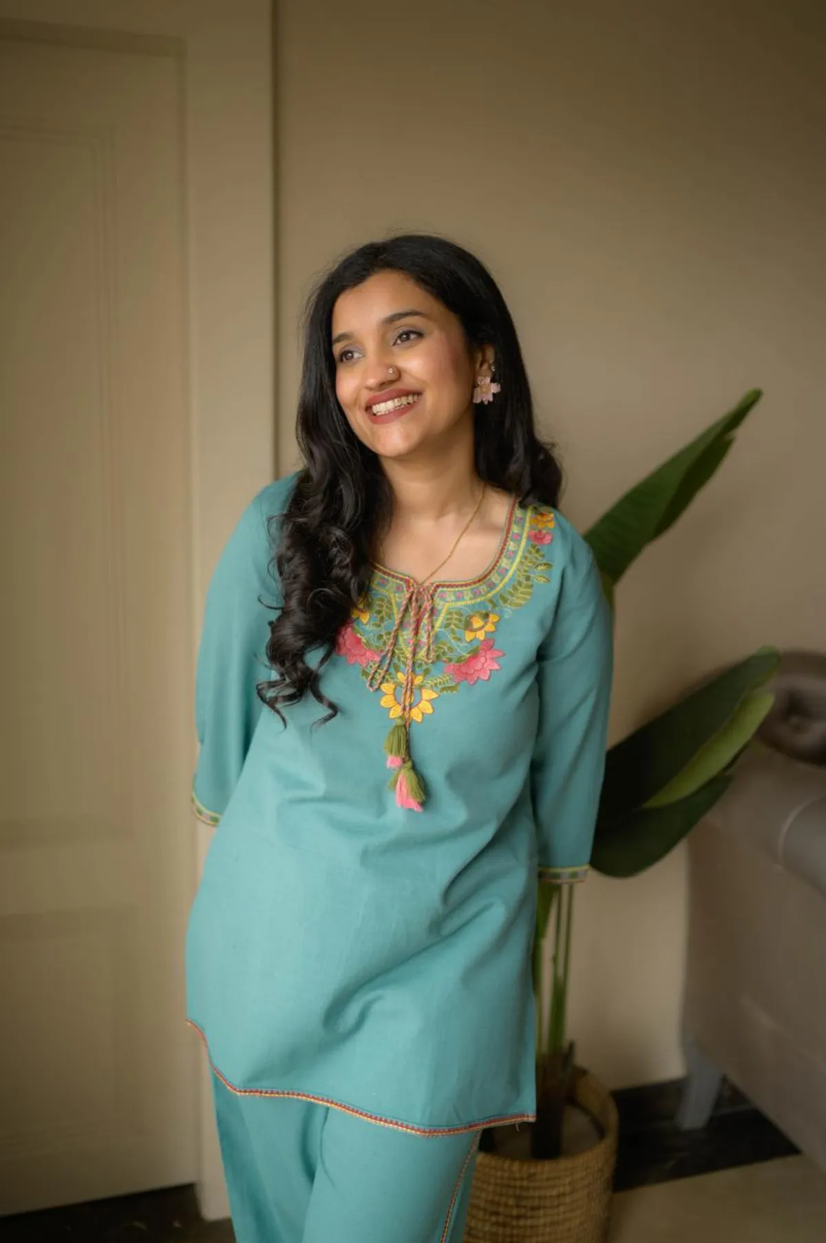 Sky Blue Cotton Kurti with Palazzo Co-ord